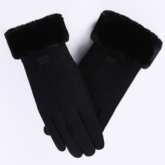 2/$30 Black Touch Screen Faux Suede Fashion Gloves with Faux Fur Trim Winter - Picture 1 of 6